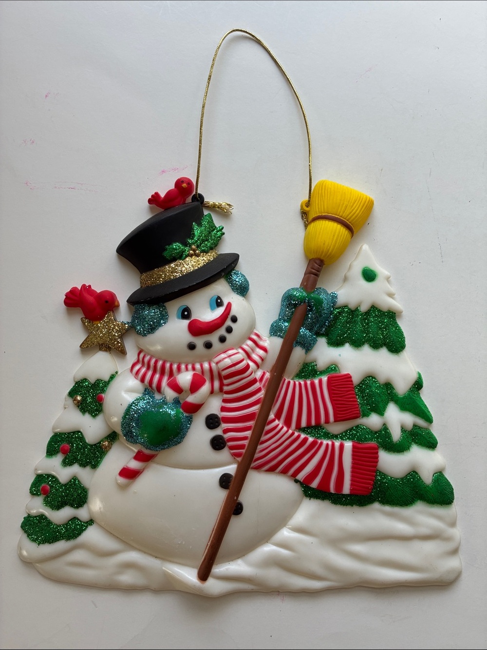 Vintage Molded Plastic Glitter Snowman Tree Wall Hanging
